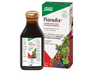 Salus Floradix Liquid Iron Formula 250ml with iron, vitamin C and B vitamins for energy support and reduction of tiredness and fatigue.