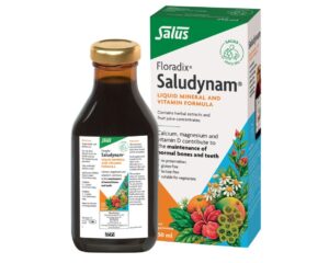 Floradix Saludynam 250ml liquid calcium, magnesium, zinc and vitamin D formula for bone and muscle support.