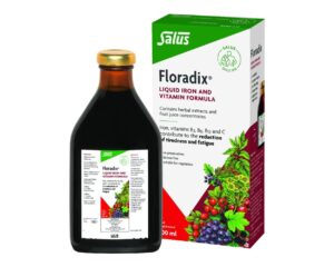 Salus Floradix Liquid Iron Formula 500ml with iron, vitamin C and B vitamins for energy support and reduction of tiredness and fatigue.