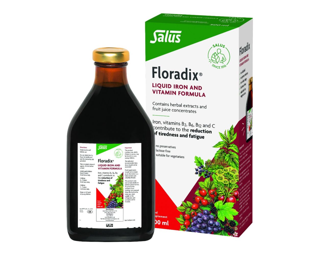 500ml_floradix_300dpi_cmyk Salus Floradix Liquid Iron Formula 500ml with iron, vitamin C and B vitamins for energy support and reduction of tiredness and fatigue.