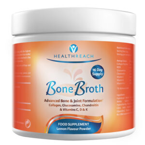 HealthReach Bone Broth Powder 125g lemon flavoured collagen supplement with glucosamine, chondroitin, MSM and vitamins D3 and K2.