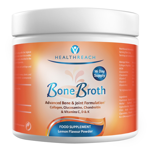 Healthreach-Bone-Broth-small HealthReach Bone Broth Powder 125g lemon flavoured collagen supplement with glucosamine, chondroitin, MSM and vitamins D3 and K2.