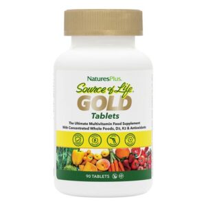 NaturesPlus Source of Life GOLD Tablets 90 Tablets whole food multivitamin with vitamin D3 and K2 for daily nutritional support.