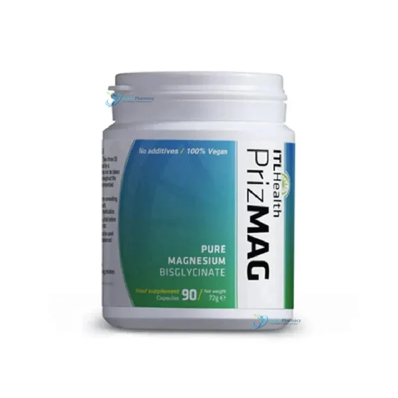 PrizMAGMagnesiumBisglycinate-90Caps_800x Prizmag magnesium bisglycinate capsules supplement bottle