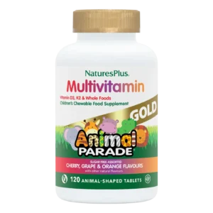 Nature's Plus Animal Parade Gold children's multivitamin 120 animal-shaped chewable tablets with natural fruit flavours.