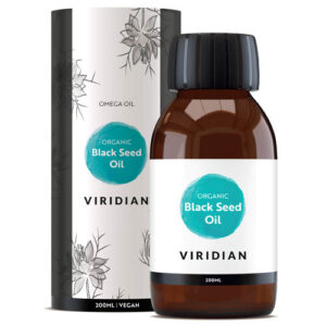 Viridian Organic Black Seed Oil 200ml cold pressed organic omega oil bottle and packaging.