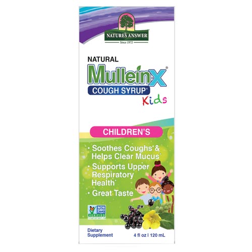MulleinX-kids Nature’s Answer Mullein Syrup for Kids herbal respiratory support syrup with mullein leaf and marshmallow root.
