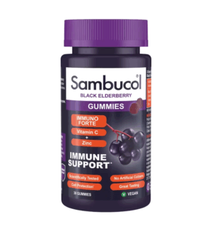 Sambucol Black Elderberry Gummies 30 gummies immune support supplement with vitamin C and zinc.