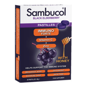 Sambucol Immuno Forte Pastilles black elderberry immune support pastilles with honey, vitamin C, and zinc.