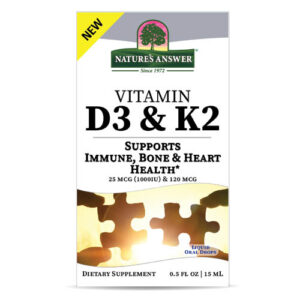 Nature’s Answer Vitamin D3 and K2 liquid drops with olive oil and lemon flavour for immune and bone support.