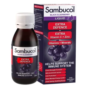 Sambucol Extra Defence Elderberry liquid immune support supplement with vitamin C, zinc and black elderberry extract.