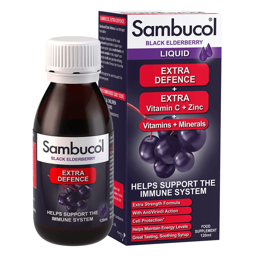 sambucol-extra-defence-liquid-120ml-vitamins-supplements-meaghers-pharmacy-14433554071665 Sambucol Extra Defence Elderberry liquid immune support supplement with vitamin C, zinc and black elderberry extract.