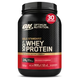Optimum Nutrition Gold Standard Whey Strawberry 900g protein powder tub