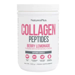 Nature’s Plus Collagen Peptides Berry Lemonade powder supplement with multi-source collagen types I, II, III, IV, V and X plus vitamin C for skin, hair, nails and joint support.