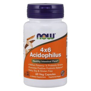 NOW Foods 4x6 Acidophilus probiotic supplement 60 vegetarian capsules providing 4 billion CFU from 6 probiotic strains for digestive and intestinal health support.