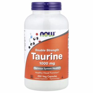 NOW Foods Taurine 1000mg Double Strength 100 vegan capsules free form taurine amino acid supplement.