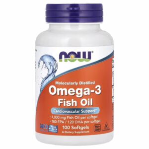 NOW Foods Omega-3 Fish Oil Molecularly Distilled 100 softgels with EPA and DHA omega-3 fatty acids.