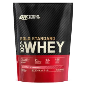 Optimum Nutrition Gold Standard 100% Whey Strawberry 450g whey protein powder with 24g protein and 5.5g BCAAs per serving.
