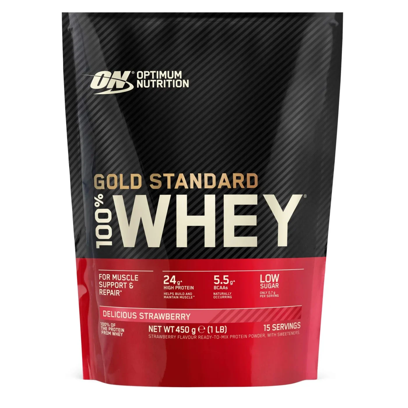 C3-000000000001026333-636Wx636H Optimum Nutrition Gold Standard 100% Whey Strawberry 450g whey protein powder with 24g protein and 5.5g BCAAs per serving.