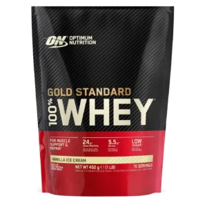Optimum Nutrition Gold Standard 100% Whey Vanilla Ice Cream 450g whey protein powder providing 24g protein and 5.5g BCAAs per serving.