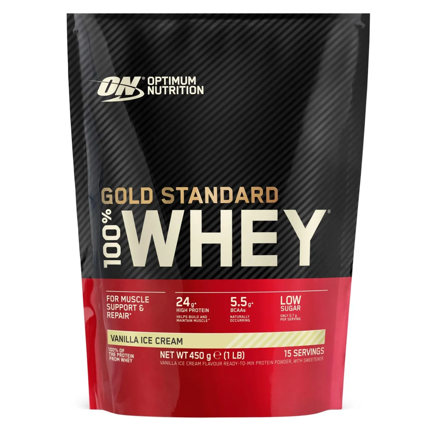 C5-000000000001026333-636Wx636H Optimum Nutrition Gold Standard 100% Whey Vanilla Ice Cream 450g whey protein powder providing 24g protein and 5.5g BCAAs per serving.