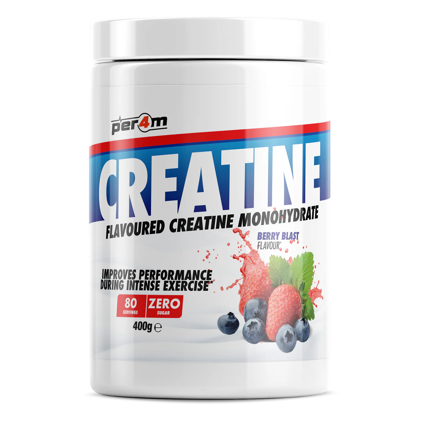 Per4m_Creatine_400G_BerryBlast Per4m Creatine Monohydrate Berry Blast 400g flavoured creatine powder with zero sugar and 80 servings.