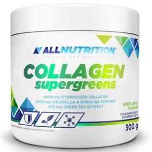 ALLNUTRITION Collagen Supergreens Green Apple 300g collagen powder with spirulina, chlorella, hyaluronic acid and vitamins.