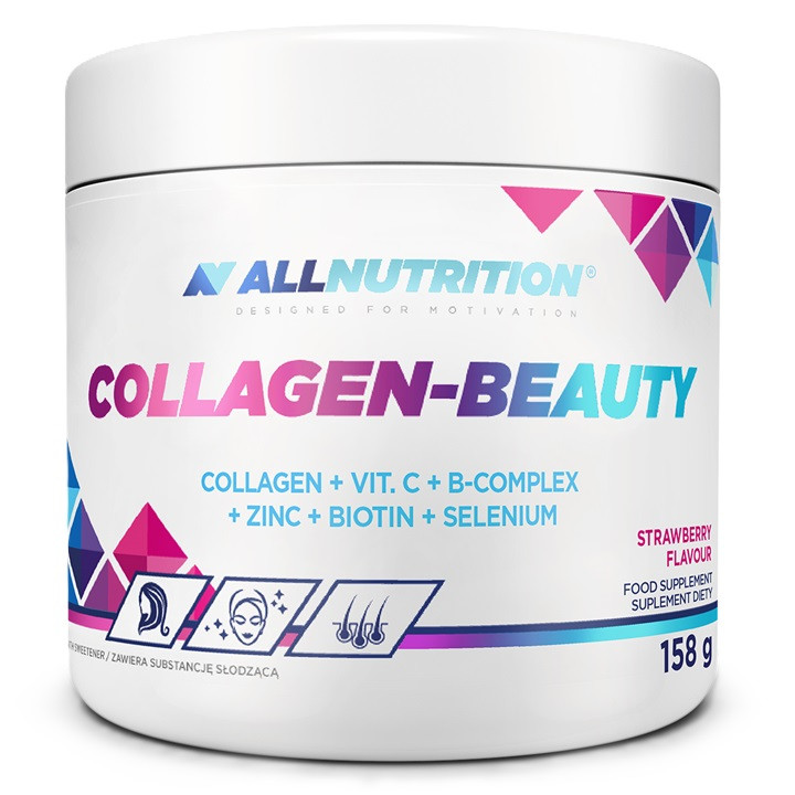 image_2024-05-10_663e25e51ecd6 ALLNUTRITION Collagen Beauty Strawberry 158g collagen powder with biotin, vitamin C, zinc and selenium for skin, hair and nail support.