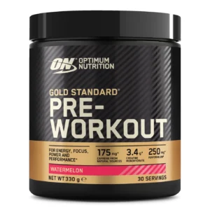 Optimum Nutrition Gold Standard Pre-Workout Watermelon 330g with caffeine, creatine monohydrate and performance support ingredients.