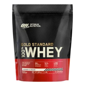 Optimum Nutrition Gold Standard 100% Whey Cookies & Cream 450g whey protein powder providing 24g protein and 5.5g BCAAs per serving.