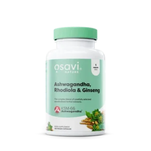 Osavi Ashwagandha Rhodiola and Ginseng 60 vegan capsules with KSM-66 ashwagandha and adaptogenic herbal extracts.